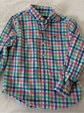 Vineyard Vines Boys Multicolor Check Button-Down Shirt — Blue, Green, Pink